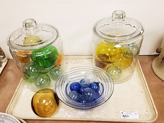 TRAY PR. GLASS COVERED CANNISTERS 14"H X 9"DIAM. W/ HAND BLOWN BALLS, HAND BLOWN BOWL SGND. AMM 4 1/2"H X 10" DIAM.