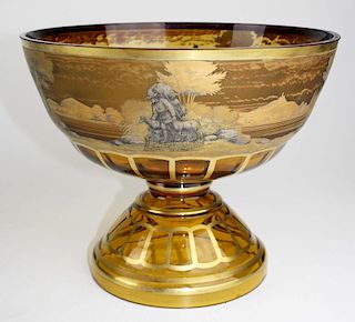 Egermann Czechoslovakian art glass footed centerpiece bowl with transfer and handpainted scenic deco
