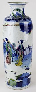 early 20th c Chinese polychrome blue & white tall vase, ht 21”