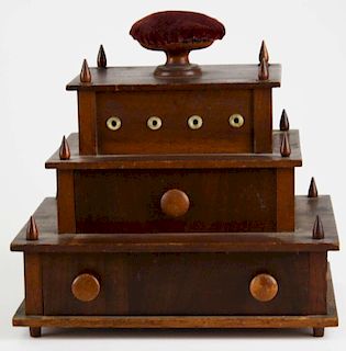 mid 19th c Shaker 2 drawer sewing stand, 9” x 6” x 9”