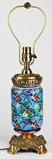 French Longwy gilt brass & enamel table lamp, overall ht 23”