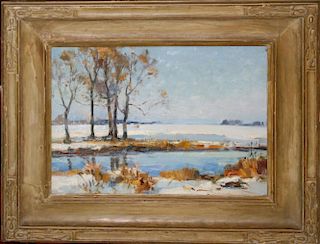 20th c American School o/c winter landscape 12 x 16" in Newcomb Macklin art nouveau frame