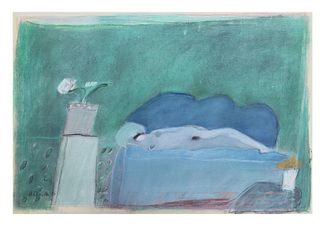 Joy Laville (England-Mexico, 1923-2018), Reclining Nude. Green Room, 1974, oil pastels on paper