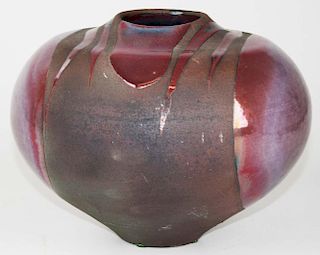 Tony Evans (1942- 2009) Raku brutalist studio pottery flambe glazed pot, # 157, dia 9.5”, ht 7”