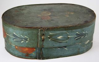 early 19th c Germanic/ Scandinavian oval paint decorated box in blue paint, 15” x 9” x 6”