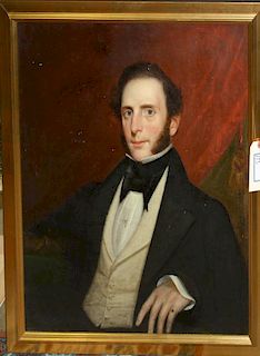 mid-19th C New York School portrait of a gentleman with ring and muttonchops 30 x 25" o/c relined