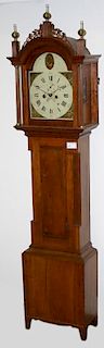 High style Country Hepplewhite cherry inlaid grandfather clock, reeded quarter columns, pierced fret