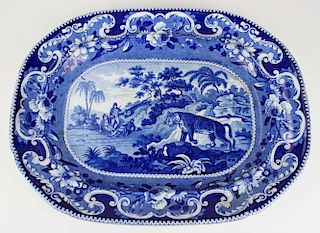Enoch Wood deep blue Staffordshire porcelain Sporting/Zoological series 'shooting a tiger"  platter