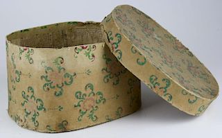 mid 19th c wallpapered hat box lined with 1841 Montpelier, VT newspaper, 10” x 9” x 6”