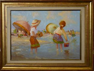 Vernon Broe (American 1930-2011) Children playing in the surf signed lower right 11 x 13"