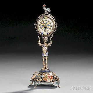 Continental Gilt and Enameled Figural Boudoir Clock