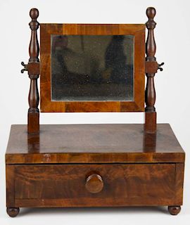 diminutive Empire period mahogany dressing mirror with drawer, ht 12”