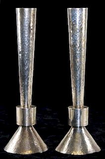 pair of Bier Silversmiths hammered sterling Shabbat candlesticks in tapered form with cylindrical ac