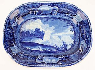 deep blue Historical Staffordshire porcelain platter by Wood & Sons with transfer scene of "Niagra f