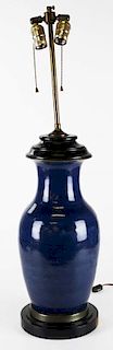 19th c Chinese blue glazed vase/ lamp, base drilled, ht 16”, overall ht 33”