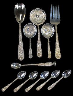 S. Kirk & Son "Repousse" sterling silver pieces including muddler, two berry spoons, salad set, serv