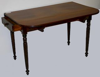 42" rope leg Sheraton mahogany 1 drawer drop leaf table descending in the Hodges family of Salem, Ma