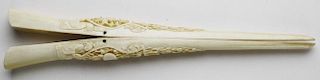 19th c Victorian era Chinese ivory glove stretcher, deep relief carvings of crabs, figures, flowers,