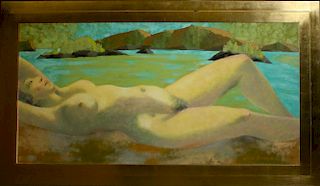 Chas Dodge (American 20th ) Reclining nude o/c  25 x 54" signed lower right