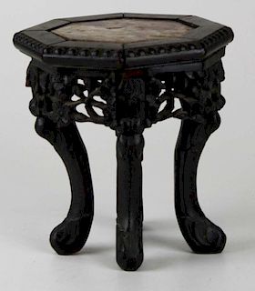 19th c miniature Chinese plant stand with marble top, ht 8”, dia 7”