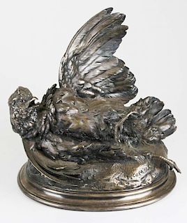 Paul Comolera (French 1818-1897) silvered bronze sculpture of a wounded partridge, ht 10”