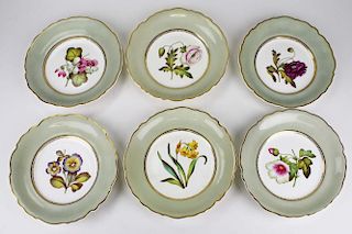 set of 6 mid- 19th c. Davenport type hand-painted floral porcelain luncheon plates with gilded  bord
