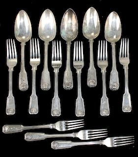 Chinese Export (Khecheong, Canton, c. 1840-70) forks and serving spoons with fiddle thread and shell