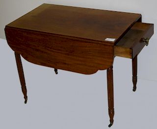 36" Sheraton mahogany Pembroke table, 1 drawer, reeded legs, shaped leaves.