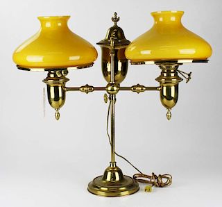 late 19th c double shade student lamp, yellow cased glass shades ht 24”