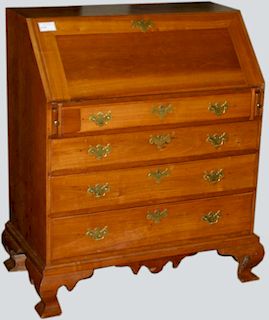 Massachusetts Chippendale cherry, slant front desk, fan carved blocked center drawers, restorations.