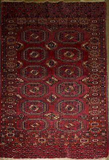 early 20th c Tekke area rug with 2 rows of 6 guls, with extra designs on ends, 3'2” x 5'5”