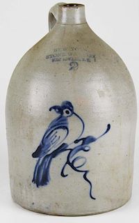 19th c New York Stoneware Co Ft Edward, NY blue bird decorated jug, small hairline at mouth, ht 14”