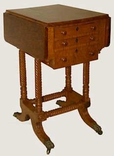Classical birdseye drop leaf lady's 3 drawer work stand, rope twist legs, brass hairy paw casters, w