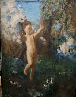 19thc American School o/c Allegory of the spring 24 x 20" Monogrammed on reverse WOT