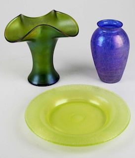 Art Nouveau era iridescent art glass ruffled edge vase, iridescent blue crackle bulbous vase, and ir