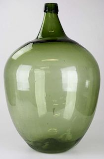 large blown green glass demijohn bottle- no pontil scar, ht 28”