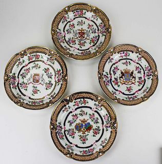 set of 4 matching 19th c Chinese export plates with 4 different coats of arms, signed in red paint o