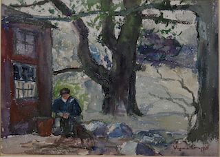 Virginia Gruppe (American 1907-1980) In the Shade of the tree- Watercolor 10 x9" signed lower right