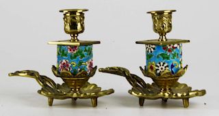 pr of French Longwy gilt brass & enamel chamber candlesticks, ht 5”