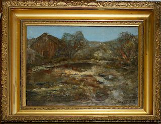 Alfred Bryan Wall (American 1861-1935) Red barn and creek o/b signed lower right  with old tags titl
