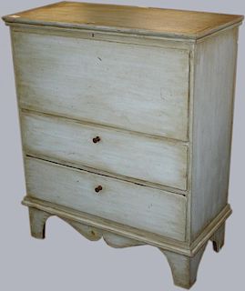 18th c Queen Anne pine two drawer blanket chest on stamped base, late blue paint over original paint