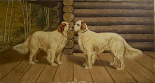 HB Tallman (American 19th C) Pair of Retrievers outside of a cabin  signed lower left o/c  24 x 48"