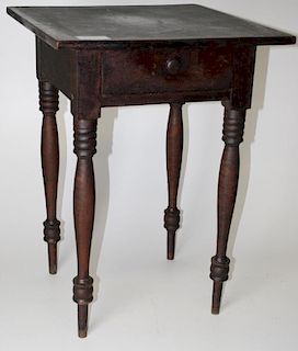VT Sheraton birch and birdseye 1 drawer stand in original Spanish brown surface. 1825-35. 29"h.