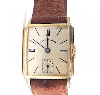 Men's 14k y.g. Black Starr & Gorham wrist watch. Girard-Perregaux 17 jewel movement. 1" x 1". Monogr