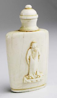 19th c Chinese ivory snuff bottle with relief carved figure & character inscription, drying cracks,