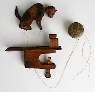 neat late 19th c pet cat toy, head & tail move up & down, ht 3.5”, overall ht 6.5'