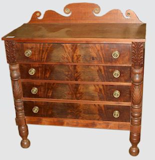 VT Classical mahogany and birch chest of drawers, carved front panels and columns. 42¾"w. Circa 1830