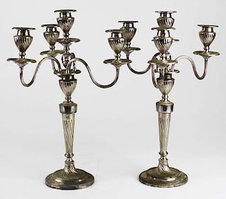 pr of English silver candleabra, marked EP, ht 15.5”