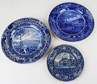 three deep blue Historical Staffordshire plates with transfer dec American views incl  Park Theatre