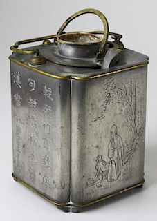 19th c pewter & brass tea warmer, double walled, character signed on base, ht 5.5”, overall ht with